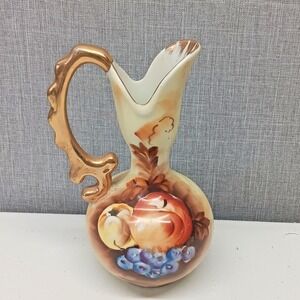Vintage Enesco Fruit Pitcher Vase Hand Painted Gold Gilded Handle 6.25" Cream